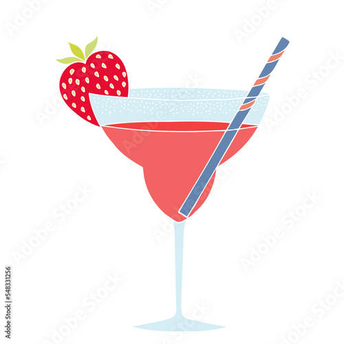 Fresh cocktail with strawberries and a paper tube for drinking. Prohibition of plastic tubes. Freehand drawing. Doodle. Hand Drawn. Outline.	