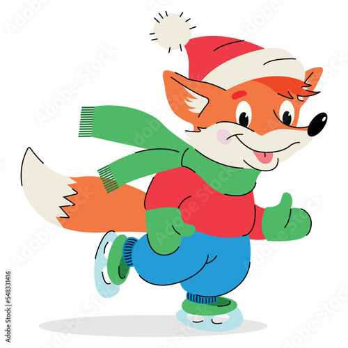 A smiling fox with a New Year's hat is skating. Winter illustration. Cartoon character.