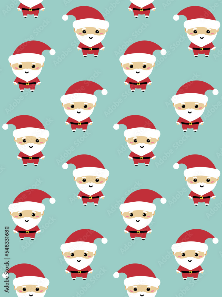 Vector seamless pattern of flat cartoon Christmas Santa Claus isolated on mint background