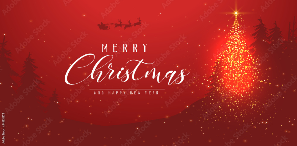 Merry Christmas Silhouette Red Background with a Golden sparkles Christmas tree Merry Christmas Silhouette Red Background with a Golden sparkles Christmas tree