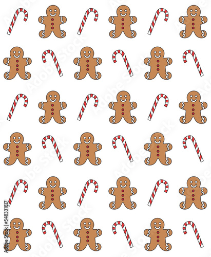 Vector seamless pattern of flat colored ginger bread cookie and mint sweet isolated on white background