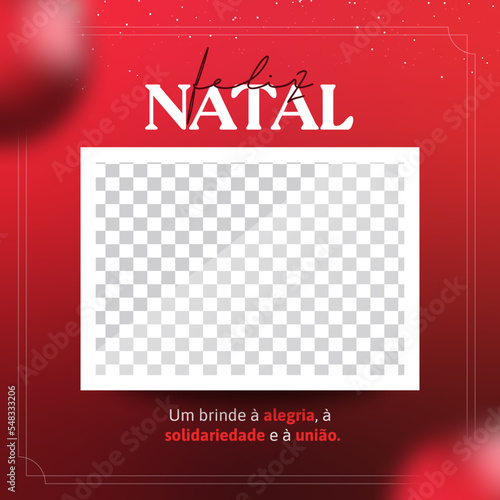 Cartão de mensagem de feliz natal com local para foto para publicação em redes sociais desejando boas festas.