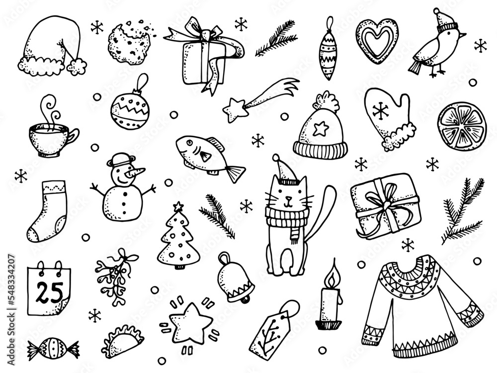 Set of Christmas design elements in doodle style black and white - obrazy, fototapety, plakaty 