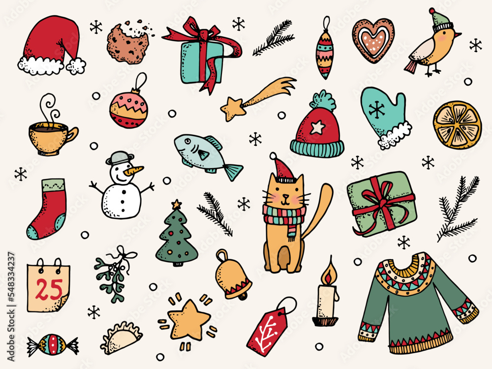 Set of Christmas design elements in doodle style color - obrazy, fototapety, plakaty 