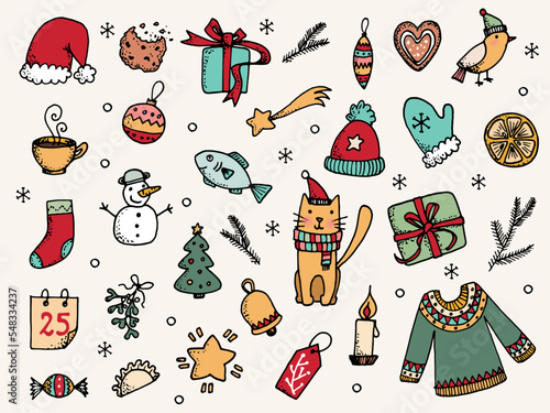 Set of Christmas design elements in doodle style color