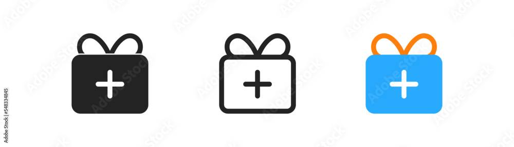 Add gift box icon on white background. Birthday, present signs. Sale, discount symbols. Add gift box icon on white background. Birthday, present signs. Sale, discount symbols.