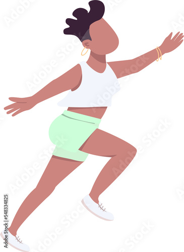 Happy jumping young woman semi flat color raster character. Showing happiness. Running figure. Full body person on white. Simple cartoon style illustration for web graphic design and animation