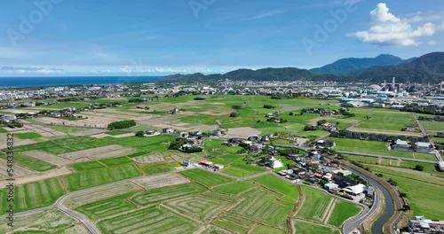 Top view of Dongshan river with rice meadow in Yilan of Taiwan photo