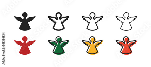 Small figurines of angels. Christmas, new year, holiday, festive mood, celebration. Origami concept. Eight vector line icon in different styles