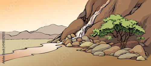 Vector landscape. Tree near a mountain stream