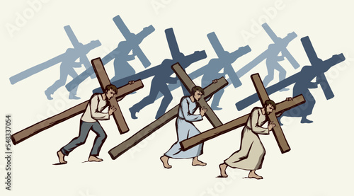 Men carry the cross. Vector drawing