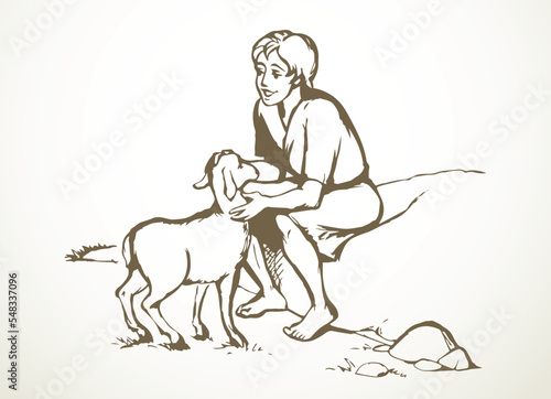 Shepherd with sheep. Vector drawing