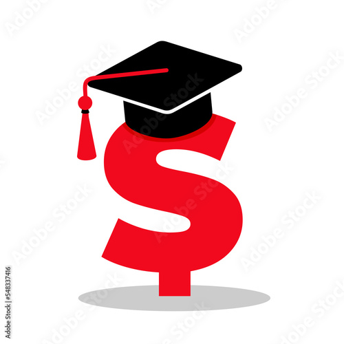 Square academic cap and US dollar - price, cost, value and expense of expensive studium and education. College, university and money, scholarship and tuition. Vector illustration isolated on white.