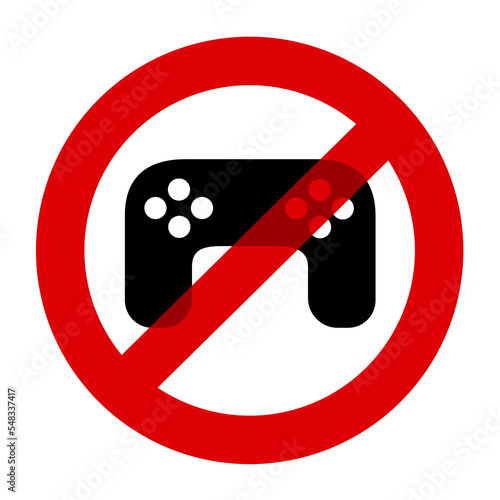 Stop, quit and avoiding to play video game. Payling on computer as negative fun and entertainment. Joystick and gamepad is crossed out. Vector illustration isolated on white.