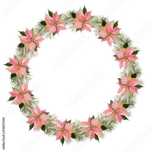 Christmas wreath with pine branches and poinsettia flowers