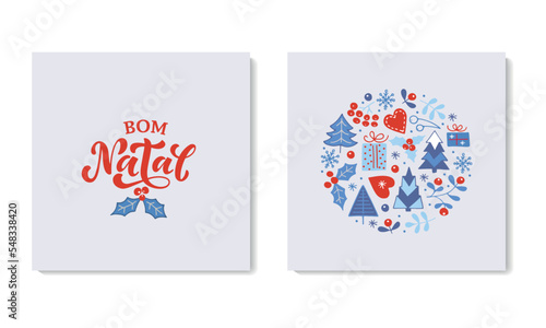 Feliz Bom Natal text meaning Merry Christmas in Portuguese, set of two greeting cards with holidays symbols drawing in doodle style. Hand lettering typography. Modern brush calligraphy 