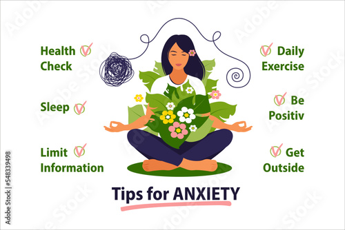 Tips for anxiety management. Self care concept. Happy woman love herself. Psychology help. Vector illustration.