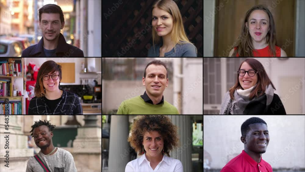 Caucasian and African people smiling at the camera. Multiscreen of happy people Caucasian and African people smiling at the camera. Multiscreen of happy people