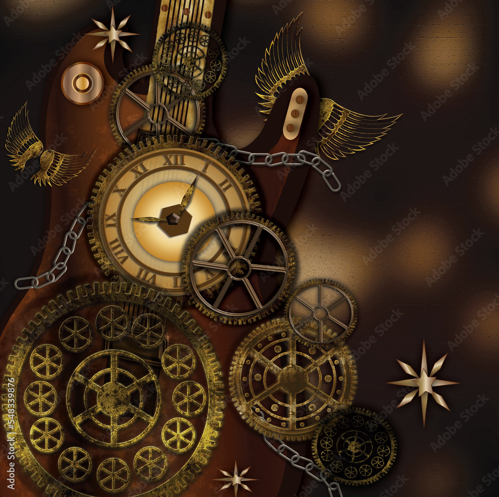 This mysterious Steampunk design is loaded with gears, a guitar, and a clock making for an exciting image.