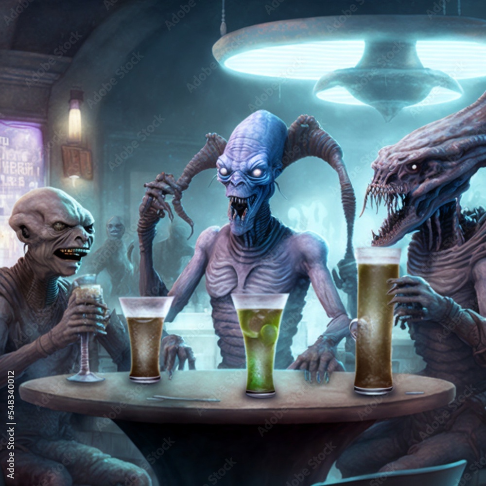 Nightmare monsters at the bar having fun. Scary horrifying monsters