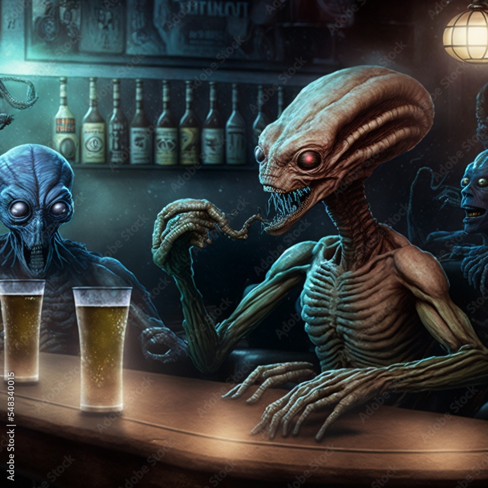 Nightmare monsters at the bar having fun. Scary horrifying monsters