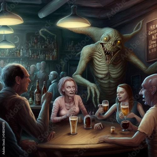 Nightmare monsters at the bar having fun. Scary horrifying monsters drinking alcohol in a cozy bar and laughing