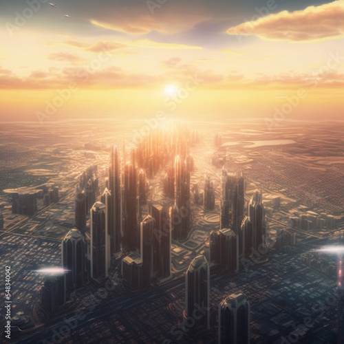 Aerial view of a huge futuristic city with many fantastic skyscrapers during the sunset