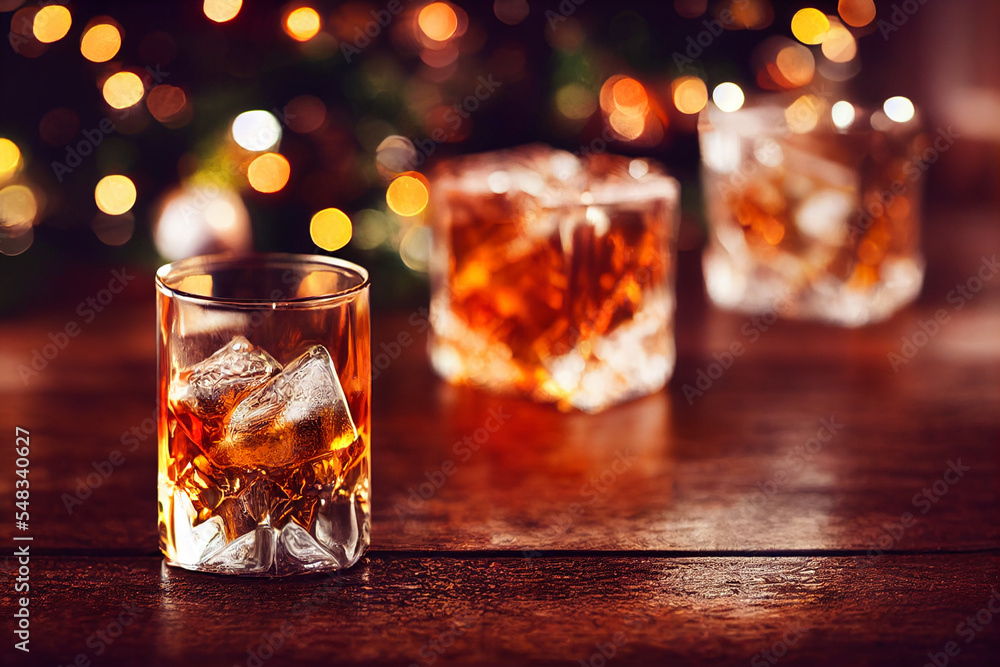 Glass of whiskey on dark wooden table, festive lights in the background, ice cubes - obrazy, fototapety, plakaty 