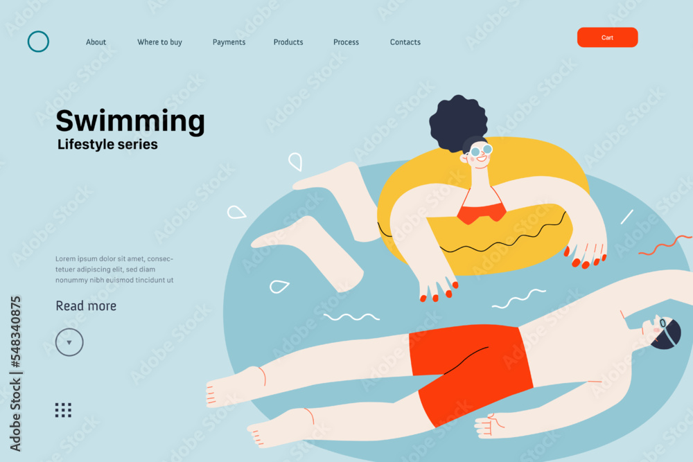 Fototapeta premium Lifestyle website template - Swimming - modern flat vector illustration of a man and a woman swimming in the pool. People activities concept