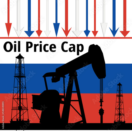 arrows point to the line as Oil Price Cap, oil pump Rig and gas rig against the background of the Russian flag vector	

