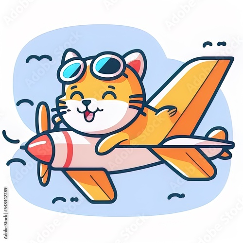 Cute cat flight with cardboard plane cartoon 2d illustrated icon illustration. animal transportation icon concept isolated premium 2d illustrated. flat cartoon style
