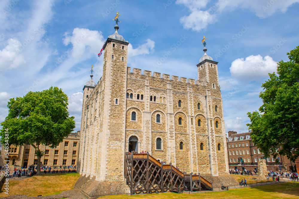 White Tower in Tower of London is a historic castle on the north bank of River Thames, London, UK. Tower of London is a UNESCO World Heritage Site since 1988.  