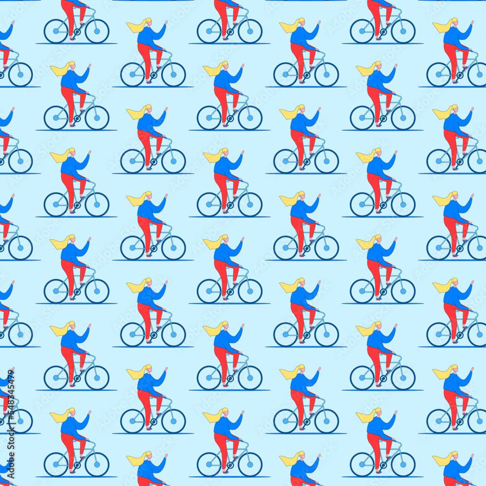 Pattern of a girl on a bicycle waving her hand. 
