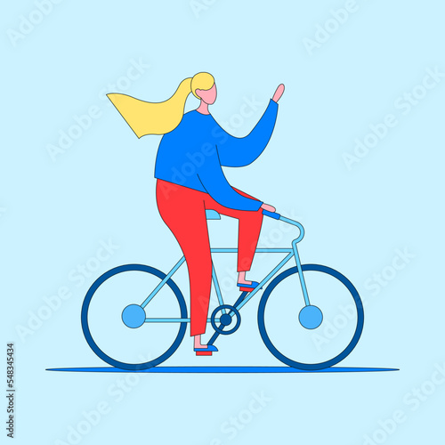 A girl on a bicycle waves her hand. Simple vector drawing.