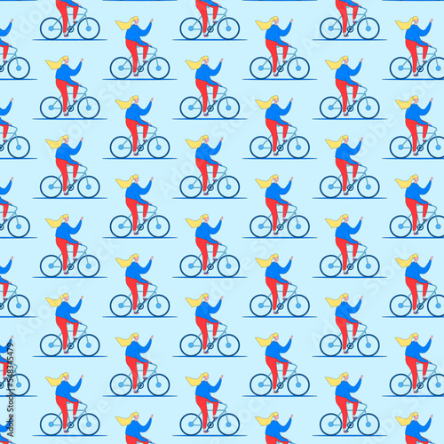 Pattern of a girl on a bicycle waving her hand. 