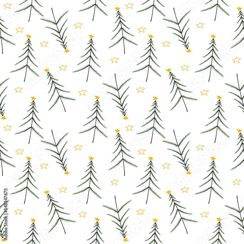 New Year. Seamless pattern with Christmas tree, gifts, garlands, snowflakes, jingle bells, Christmas branches, house, stars. Creative for fabric, packaging, textile, wallpaper, paper or background