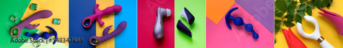 Collage of photos sex toys. Many vibrators and butt plugs on color background. Useful for adult, sex shop