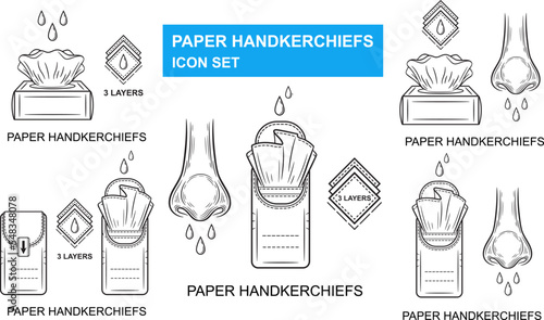 Paper napkins tissues box, hygienic disposable handkerchief for runny nose line icon set. Open dry clean wipes package. Cleaning facial skin hygiene towel pack on flu, allergy rhinitis disease. Vector