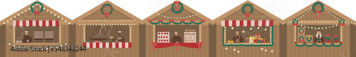 Christmas market wooden stalls kiosks vector illustration set