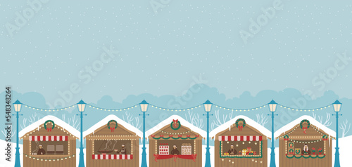 Christmas market wooden stalls kiosks. Market sellers with New Year food, hot drink, mulled wine coffee or tea, sweets and gifts.