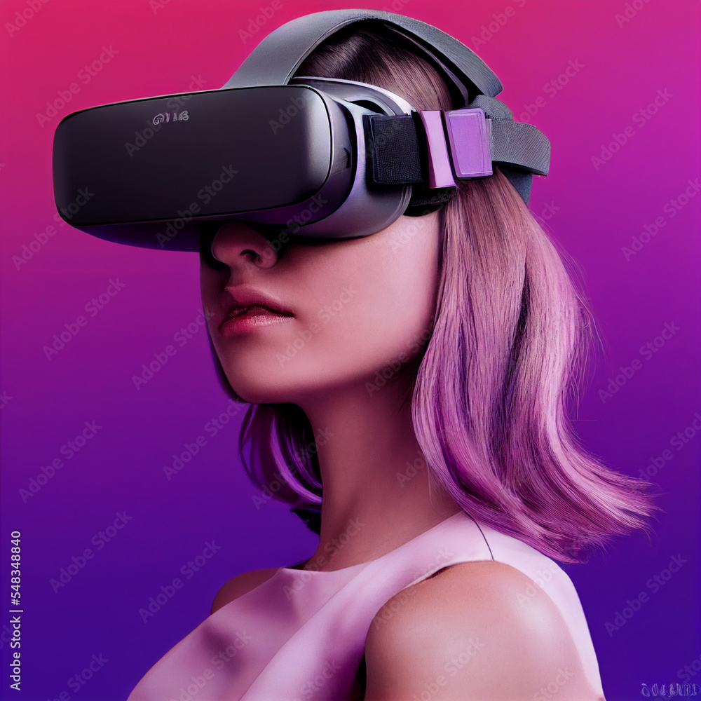 A woman wearing a VR virtual reality headset - metaverse, augmented reality, futuristic concept 3D render and illustration A woman wearing a VR virtual reality headset - metaverse, augmented reality, futuristic concept 3D render and illustration