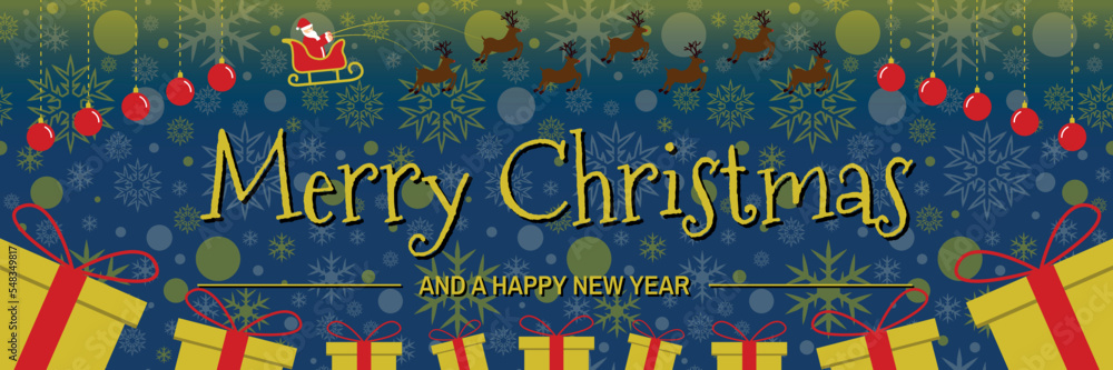 Merry Christmas and Happy New Year Banner, Dark Blue Background with Snowflakes, Hanging Balls Ornament, Many Gifts and Icons of Santa Claus Flying on his Sleigh with his Seven Reindeer Merry Christmas and Happy New Year Banner, Dark Blue Background with Snowflakes, Hanging Balls Ornament, Many Gifts and Icons of Santa Claus Flying on his Sleigh with his Seven Reindeer