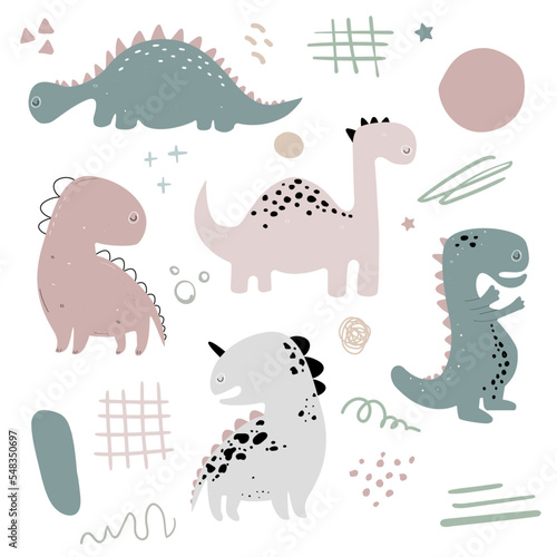 Vector hand drawn doodle dinosaur set. Modern clipart set with dots  spots  doodles and dino. In pastel colors.