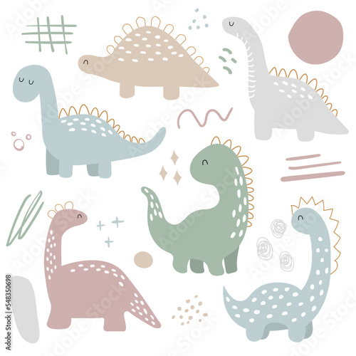 Vector hand drawn doodle dinosaur set. Modern clipart set with dots  spots  doodles and dino. In pastel colors.