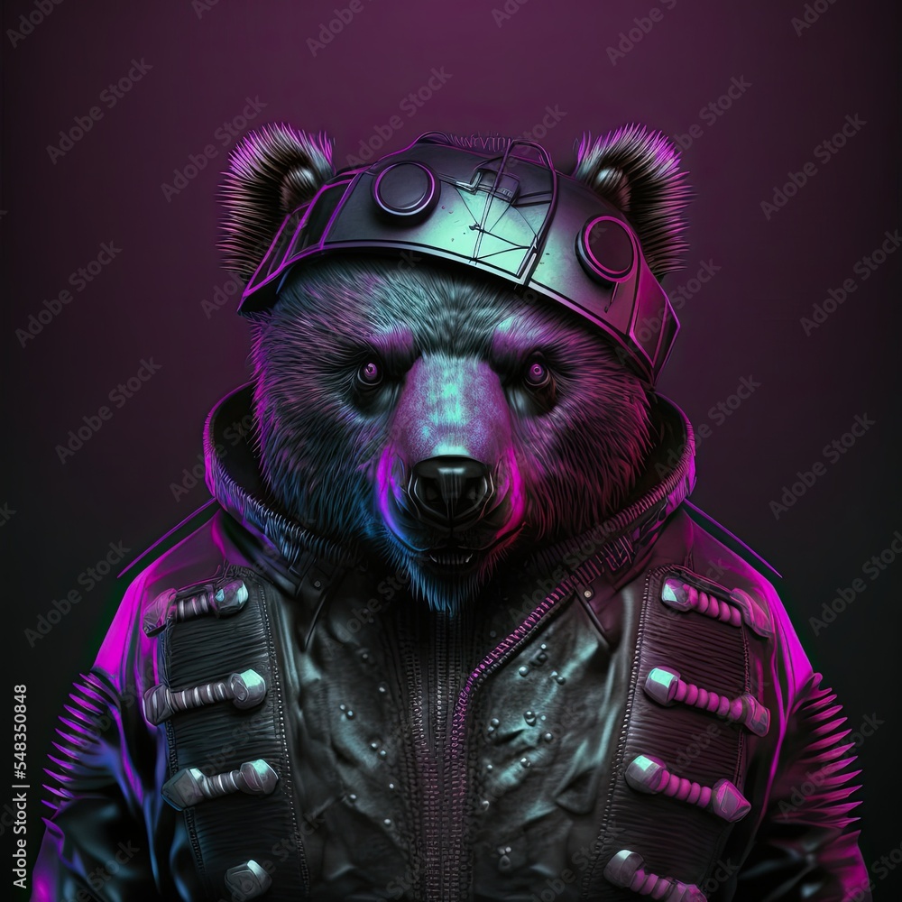 Cyberpunk bear in punk rock outfit character design. 3d render NFT idea ...