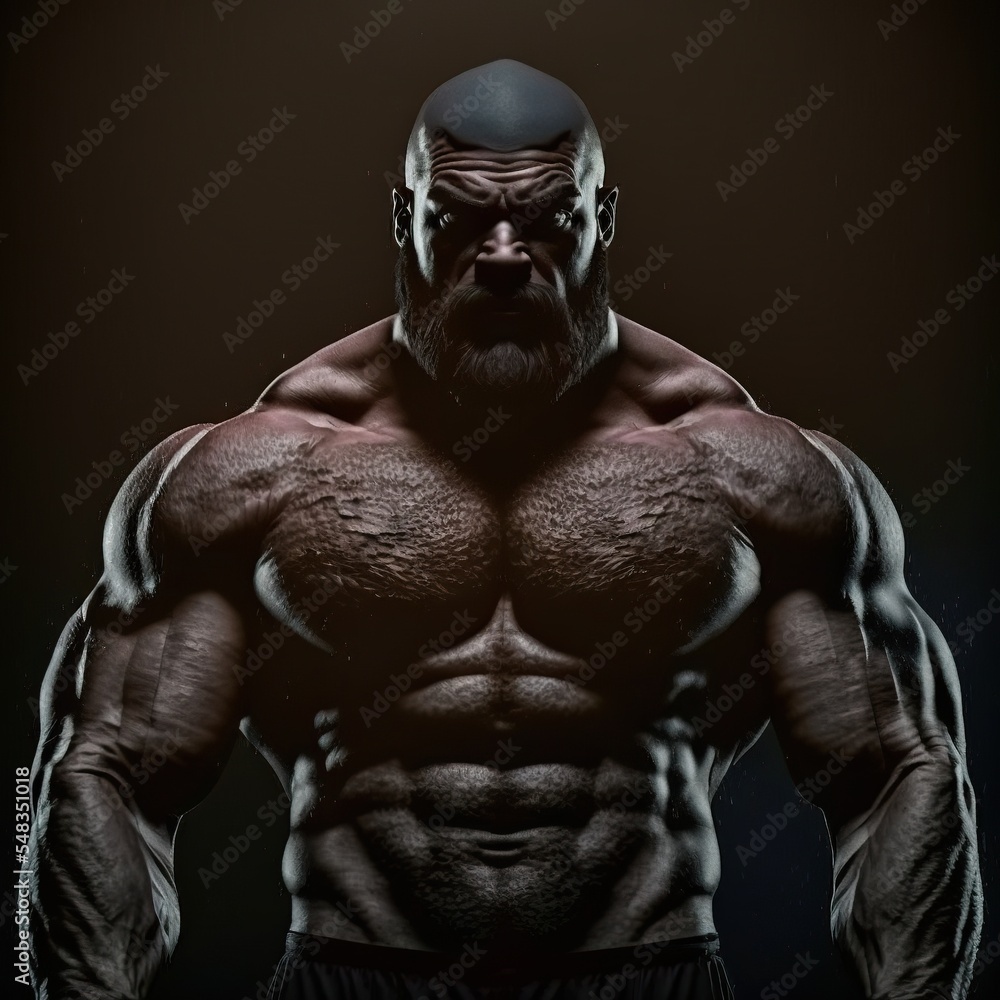 Beefy bodybuilder character design caricature. 3d render model with huge muscles. Isolated on black background.