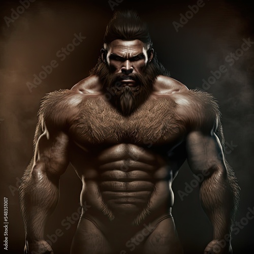 Beefy hairy bodybuilder character design caricature. 3d render model with huge muscles. Isolated on black background.