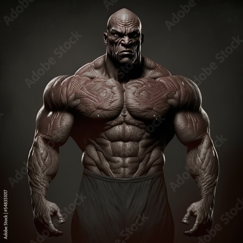 Beefy bodybuilder character design caricature. 3d render model with huge muscles. Isolated on black background.