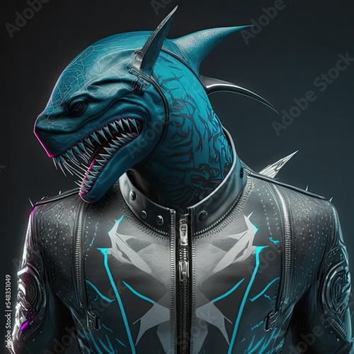 Fototapeta Cyberpunk future antropomorphic shark dressed in cool leather jacket. Epic 3d character design.