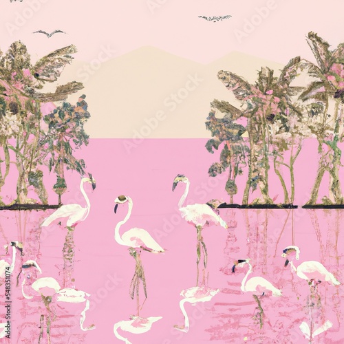 Abstract Wallpaper vintage jungle pattern with birds flamingo in forest trees on the lake with pinky background, illustration, digital art photo